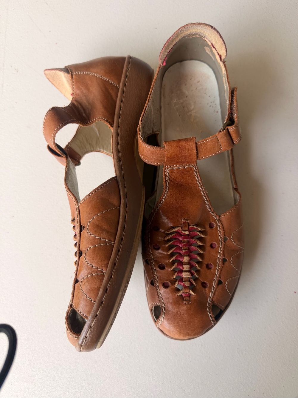 Rieker Brown Leather Mary Jane Fisherman style Sandals with Pink Weave